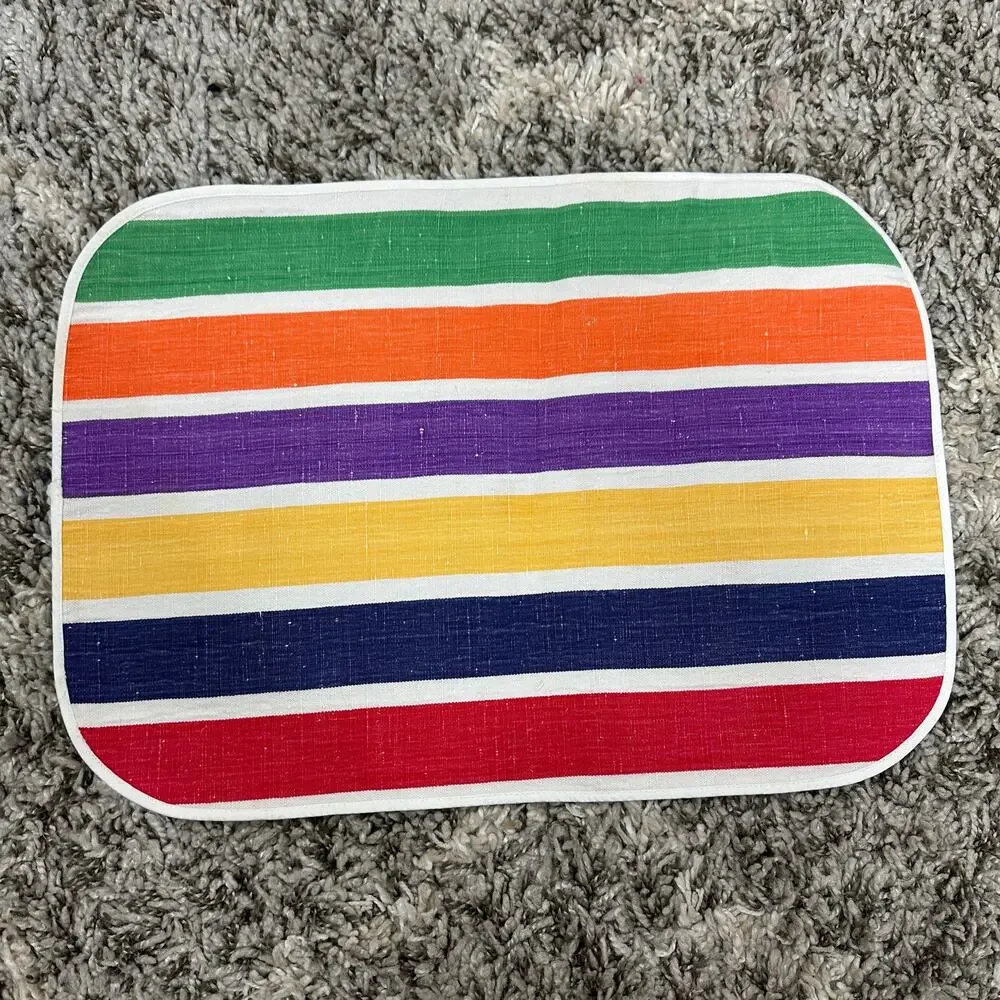 Striped Placemats Round Corners Set of 3 Rainbow Green Striped Picnic Retro